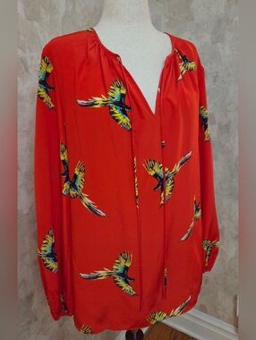 Diane Von Furstenberg DVF 100% Silk Bird Print Blouse Red Long Sleeve Size 12